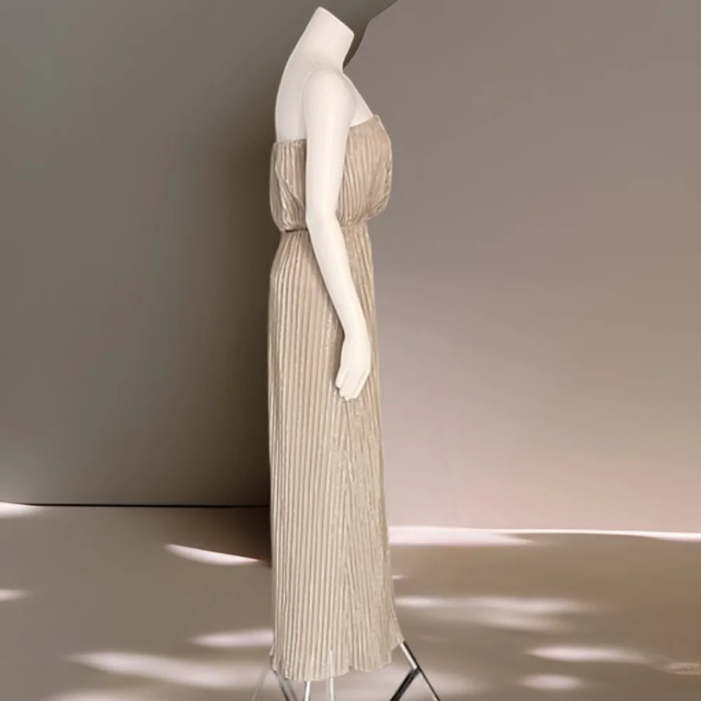 THE LIMITED Champagne Maxi Dress XS Shimmer Tube Top Strapless All Over Pleated